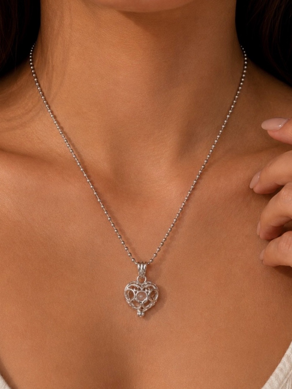 ✨ Silver Tone Heart Necklace / Floating Orb Accent | Romantic Statement Pendant